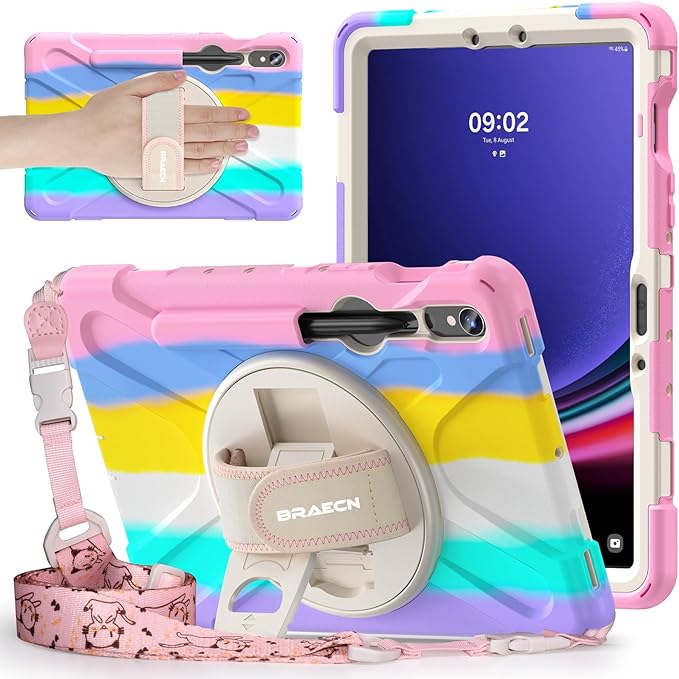 BRAECNstock Kids Case for Samsung Galaxy Tab S10 Lite/ S10 FE/ S9 FE/ S9/ S8/ S7 5G 10.9/ 11 Shockproof Protective Case with Pen Holder Rotating Hand Strap &amp Stand Shoulder Strap Colorful Pi