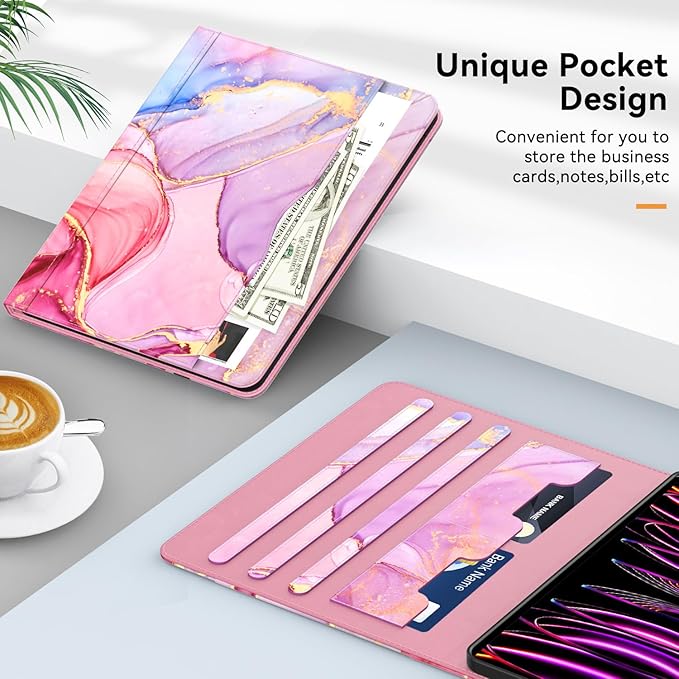 Case for New iPad Pro 12.9 inch 6th/5th/4th/3rd Generation 2022/2021/2020/2018 12.9'' ipad Pro Leather Folio Protective Cover 6/5/4/3 Gen with Pencil Holder Auto Wake/Sleep Marble Pink