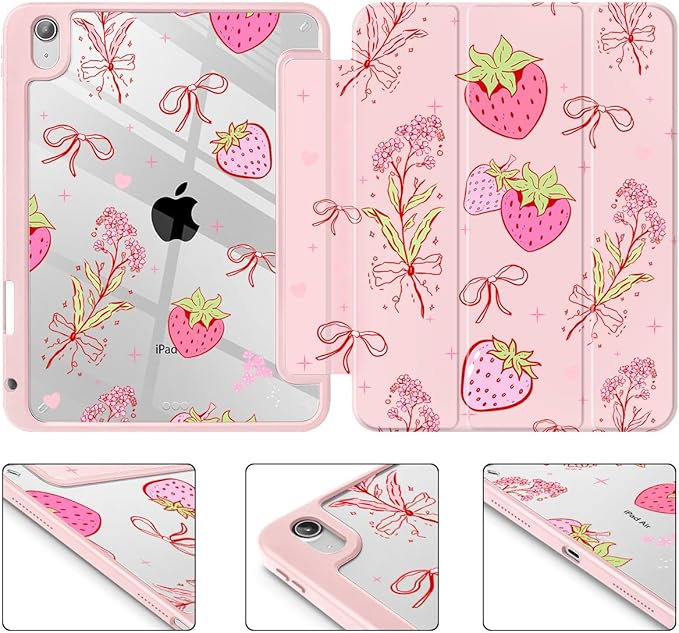 May Chen for iPad Air 11-inch M4/M3/M2 (2026/2025/2024) iPad Air 5th/4th 10.9 Inch - Shockproof Cover with Clear Back Shell &amp Penceil Holder Auto Wake/Sleep Stand Cover Strawberry Bow