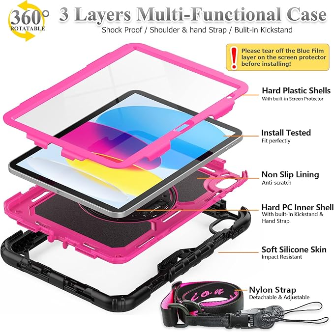 SEYMAC stock Case for iPad (A16) 11th/10th Generation 11''/10.9'' 2025/2022 Full-Body Drop Protection Case with Screen Protector &amp360° Rotate Hand Strap/Stand Pink+Black