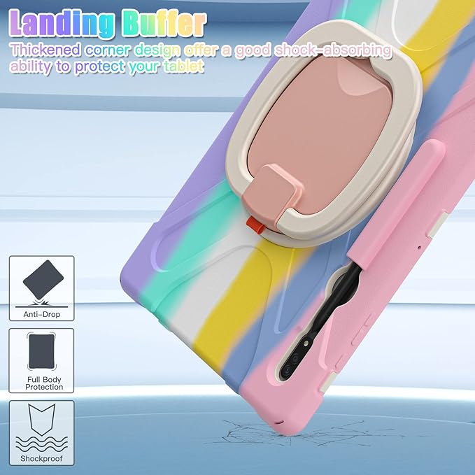 Heavy Duty Case for Galaxy Tab S9 Plus 12.4 Inch 2023 Model (SM-X810/X816/X818)with S Pen Holder Shockproof Kids Case with 360 Rotating Stand/Shoulder Strap (Colourful Pink)
