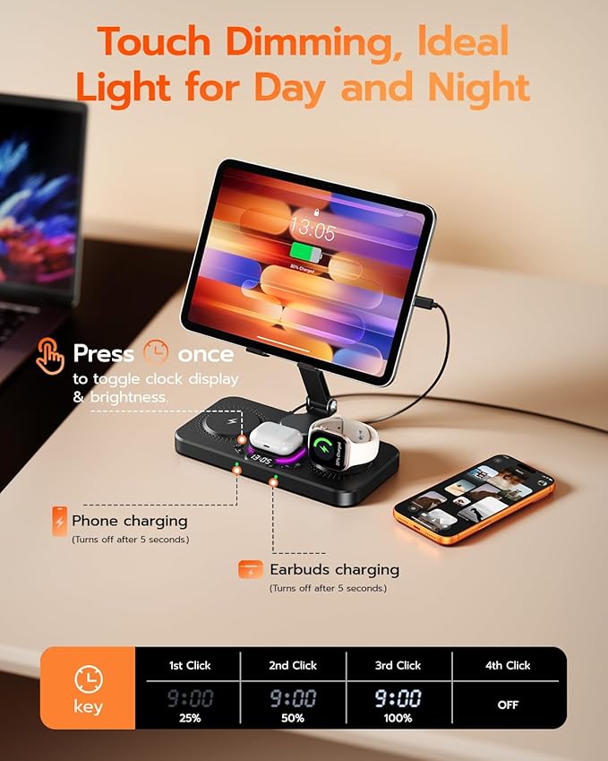 45W 6 in 1 Charging Station for Apple Multiple Devices with Clock &amp Light 20W Fast Foldable Wired Charging Stand for iPad/Tab Wireless Charger Design for MagSafe Charger for iPhone 17/iWatch/Air