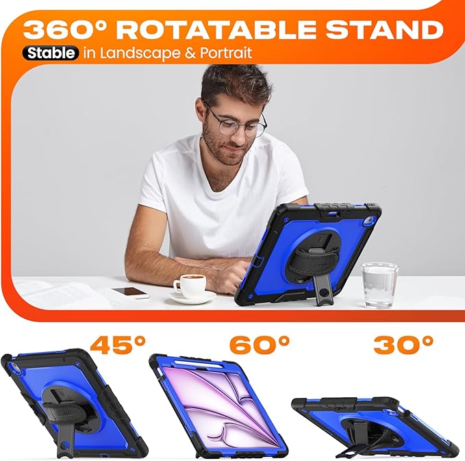 SEYMAC stock Case for iPad Air 13-inch M4-M2 2026-2024 (Gen 8-6) Shockproof Heavy Duty Case with Screen Protector Pencil Holder Rotating Stand Hand Strap Shoulder Strap Blue