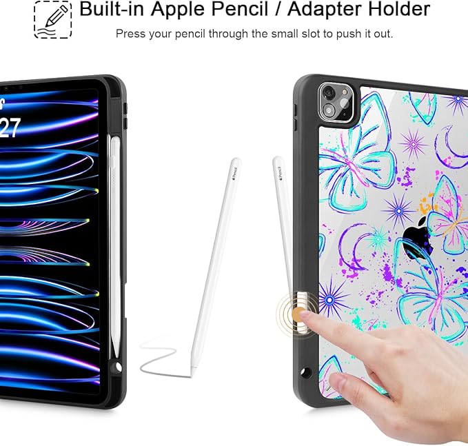Mektron Case for iPad Pro 11 inch (4th 3rd 2nd &amp 1st Gen) 2022 2021 2020 2018 Buit in Pencil Holder with Shockproof Cover Clear Shell + Trifold Stand + Auto Wake/Sleep Fantasy Butterfly