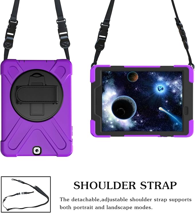 Case for Samsung Galaxy Tab A 9.7 2015 (SM-T550/T555/P550/P555)Portable Heavy Duty Dropproof Protective Cover Case with 360 Rotating StandHandle &amp Shoulder StrapStylus Pen (New Purple)