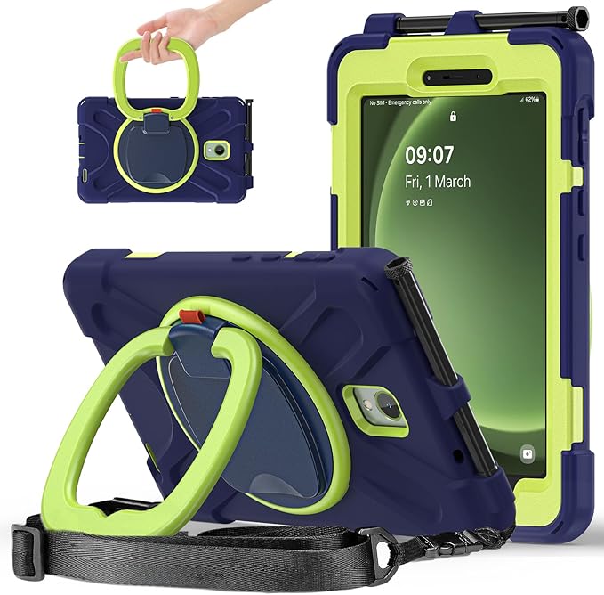 Rugged Case for Samsung Galaxy Tab Active5 5G (SM-X306B/X300) w/ 360° Rotating Hanging Ring Handle Grip Kickstand Heavy Duty Shock-Proof Armor Cover w/Shoulder Strap Stylus Holder(Navy+Lime)