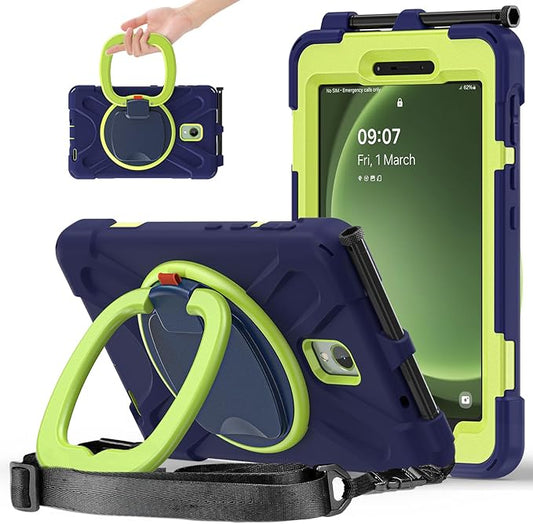 Rugged Case for Samsung Galaxy Tab Active5 5G (SM-X306B/X300) w/ 360° Rotating Hanging Ring Handle Grip Kickstand Heavy Duty Shock-Proof Armor Cover w/Shoulder Strap Stylus Holder(Navy+Lime)
