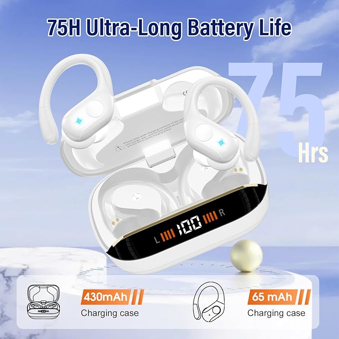 Wireless Earbuds Bluetooth 5.4 Headphones 75H Stereo Deep Bass Sports Over Ear Buds with Earhooks LED Display Bluetooth Earbuds with 4 ENC Mic IP7 Waterproof Earphone for Running White