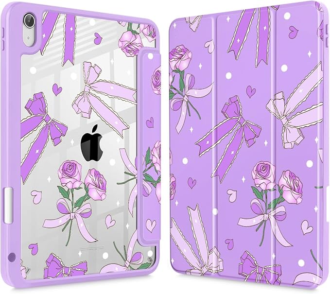 Tuiklol Case for iPad 11 inch (A16 Chip) 2025 Gen 11th / iPad 10.9 inch 2022 10th Gen Buit in Pencil Holder with Shockproof Cover Clear Transparent Back Shell Auto Wake/SleepBow &amp Rose Purple