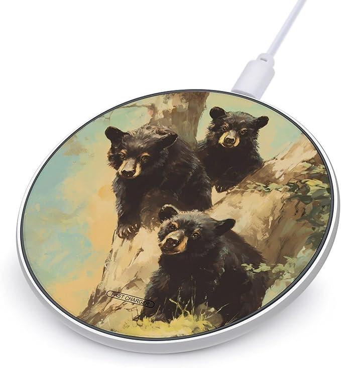 Vintage Bears Trees Fast Portable Charger 10W Funny Graphic Phone Charging Pad with USB Cable