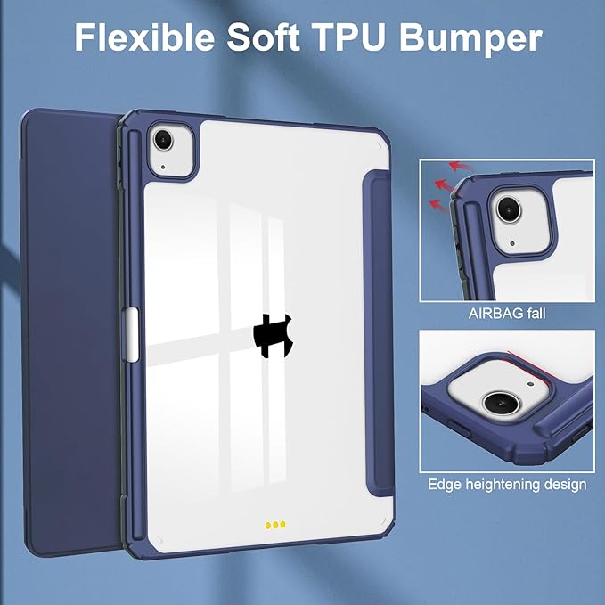 Stand Case for iPad Air 13 inch M2 (2024) with Clear Transparent Back &amp Soft TPU Shockproof Frame Cover [Built-in Pencil Holder] [Auto Sleep/Wake] Smart Lightweight Trifold Shell Dark Blue