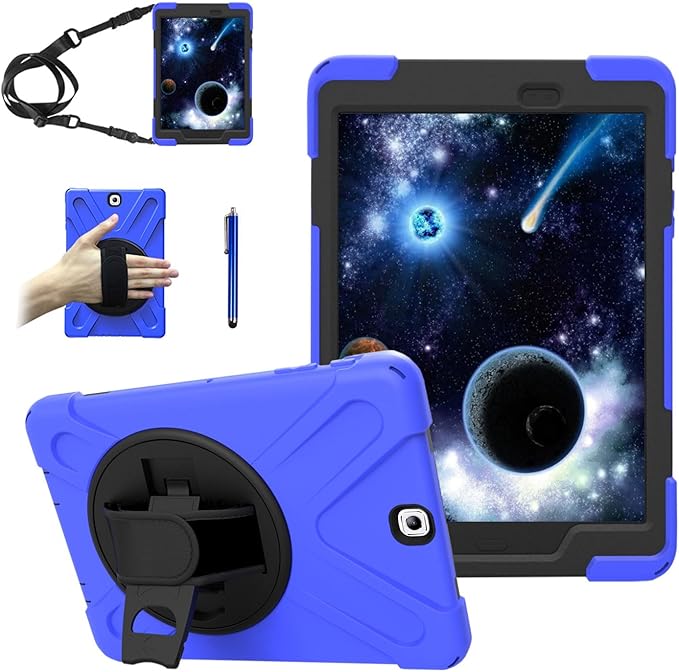 Case for Samsung Galaxy Tab A 9.7 2015 (SM-T550/T555/P550/P555)Portable Heavy Duty Dropproof Protective Cover Case with 360 Rotating StandHandle &amp Shoulder StrapStylus Pen (New Blue)