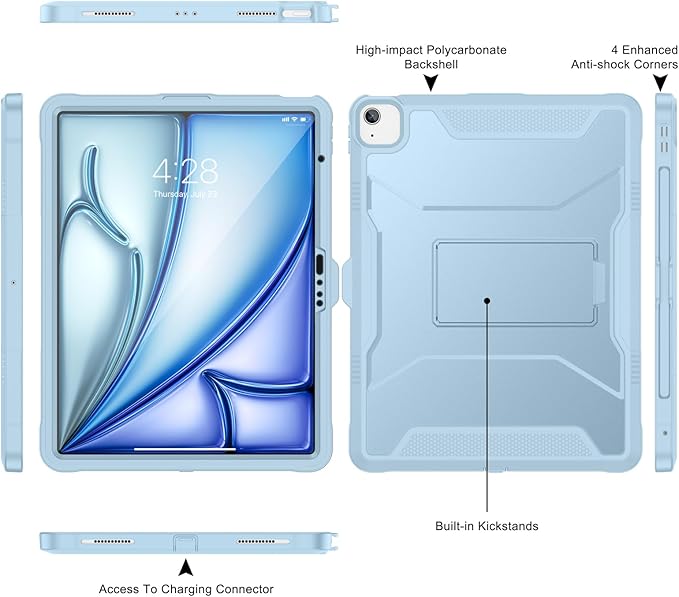 Soke Case for iPad Air 13-Inch M4 2026 M3 2025 &amp M2 2024with Built-in Screen Protector and Kickstand Rugged Full-Body Heavy Duty Protective Cover for Apple iPad Air 13 - Sky Blue