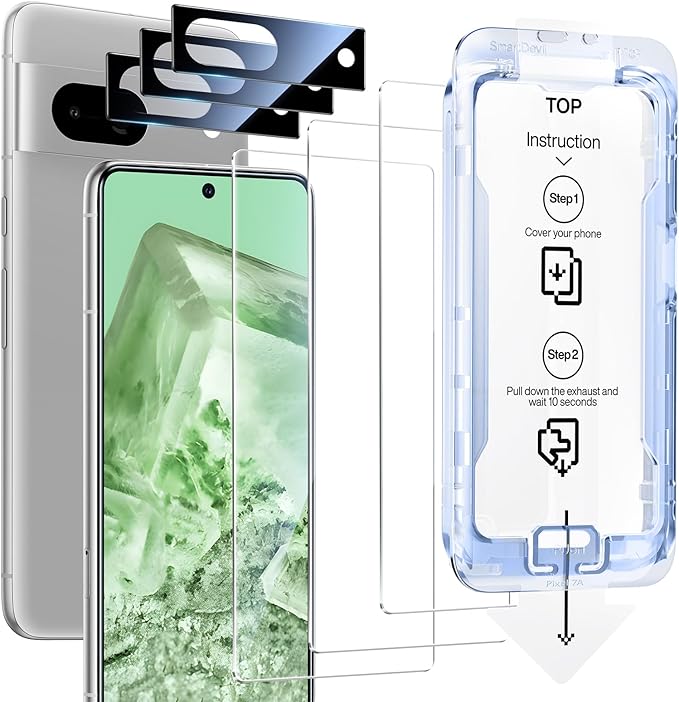 SMARTDEVIL [3+3 Pack] for Google Pixel 8 Screen Protector with Camera Lens Protector Finger Print Reader Compatible Fast &amp Easy Installation Clear 9H Tempered Glass Film Alignment Frame