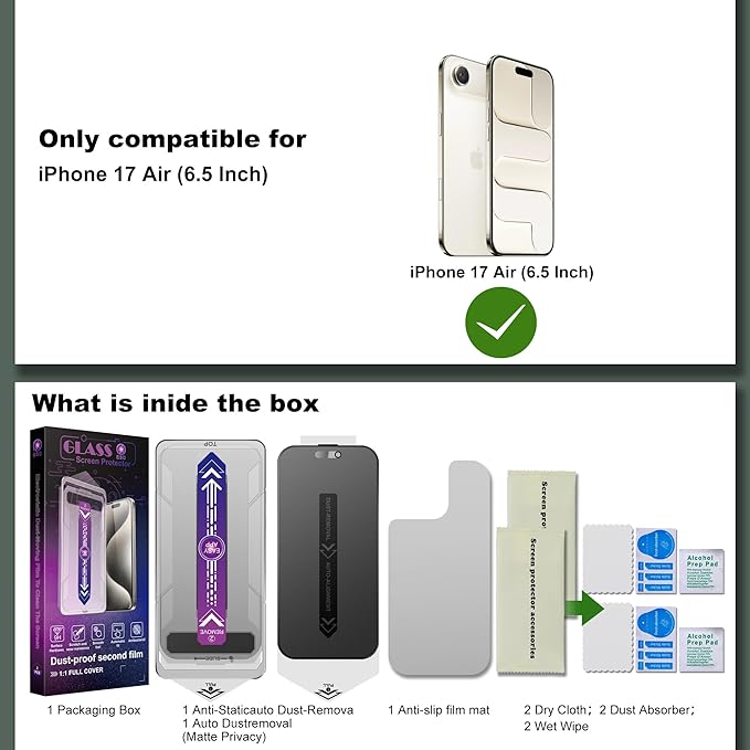 2 Pack Matte Privacy Screen Protector for iPhone 17 Air 6.5-Inch Auto Dust Removal No BubblesAnti-Spy Tempered Glass Film Easy Installation