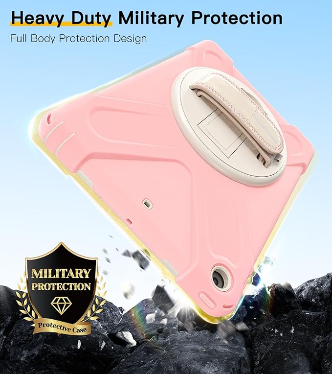 BRAECN Case for iPad 6th/5th Generation 9.7 inch 2018/2017 Protective Heavy Duty Shockproof Cover for Kids/Adults 360° Rotating Hand Strap/Stand &amp Detachable Shoulder Strap Sakura Pink