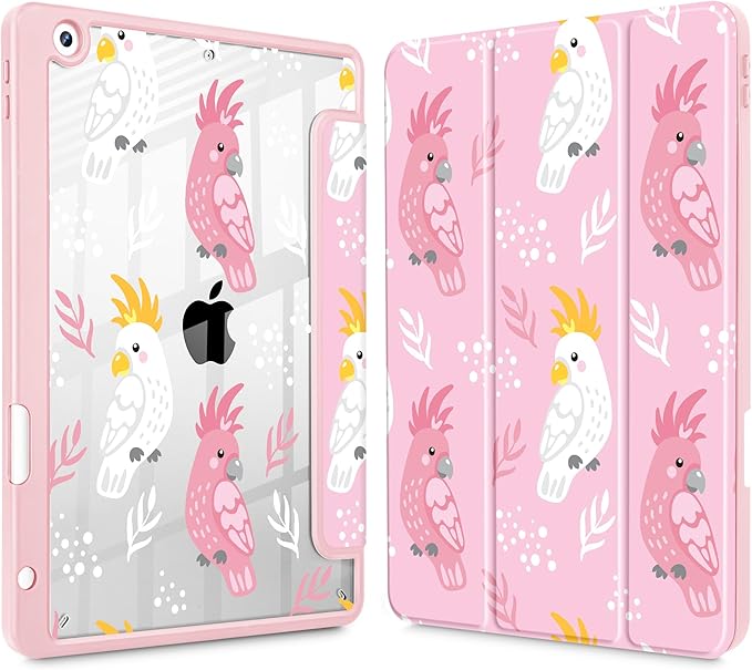 for iPad 9th Generation with Pencil Holder iPad 8th/7th Gen Case 10.2-inch [Built in Pencil Holder] Trifold Stand Auto Wake/Sleep Clear TPU Protection Back Cover Parrots