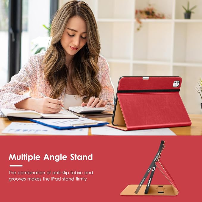 VIKESI Case for iPad Pro 13-inch M5 or M4 Released in 2025 or 2024 Leather Stand Cover with Apple Pencil Holder Auto Wake/Sleep Multiple Viewing Angles Built in Hand Strap &amp PocketRed