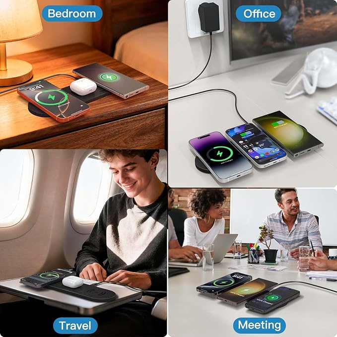 ZealSound Wireless Charging PadTriple Wireless Charger Pad Multiple Devices Compatible with iPhone Phone New AirPods Galaxy Buds Ultra-Slim PU Leather Wireless Charging Mat for Smartphone Phone Black