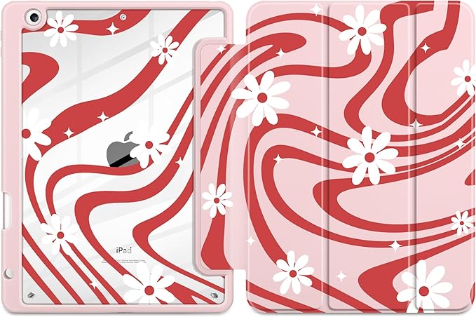 DONGKE for iPad 9th/8th/7th Generation Case 10.2 Inch (2021/2020/2019) [Auto Sleep/Wake &amp Pencil Holder] Clear Acrylic Back Trifold Stand Cover Swirl &amp Daisy