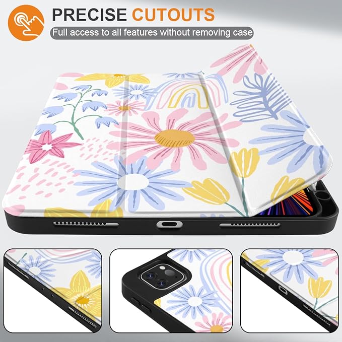 DONGKE Case for iPad Pro 12.9 inch 6th Generation 2022 Built-in Pencil Holder + Trifold Stand + Auto Wake/Sleep + Protective Cover for iPad Pro 12.9 5th/4th/3rd Gen - Colorful Florals