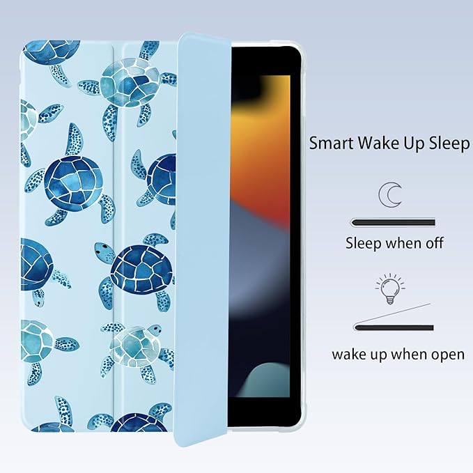 Cute Blue Sea Turtle for iPad Pro 11 Inch Case 4th/3rd/2nd Generation 2022/2021/2020 with Pencil Holder Auto Sleep/Wake Blue Leather Soft TPU Back Cover