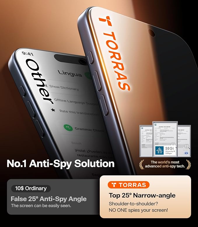 TORRAS for iPhone 17 Pro Privacy Screen Protector [25° Anti Spy] [Military-Grade 9H+ Aerospace Tempered Glass] Anti-Scratch Full Coverage Fit Privacy Screen Protector 17 Pro 6.3 2-Pack