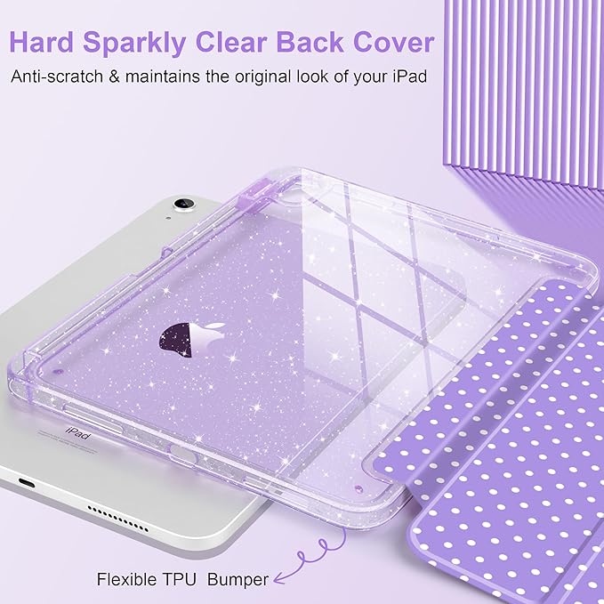 MEEgoodo Case for iPad A16 11th Generation 2025/10th Generation 2022 Glitter Tablet Cases with Transparent Acrylic Back+Trifold Stand +Pencil Holder+Auto Wake/SleepPurple &amp Polka Dots