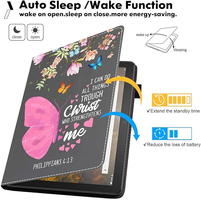 Case for Amazon Fire HD 10 &amp 10 Plus Tablet (13th/11th Gen 2023/2021 Release) 10.1 Premium PU Leather Stand Cover with Smart Auto Wake Floral Butterfly Quote Bible Verse Philippians 4:13