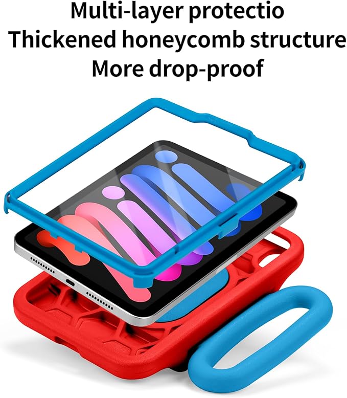 Kids Case for iPad mini 7 (A17 Pro) 2024 / iPad mini 6 2021 Child Friendly Case with Adjustable Portrait/Landscape StandHeavy Duty Cover with Screen Protector for iPad mini 7/6 8.3 inch(Redblue)