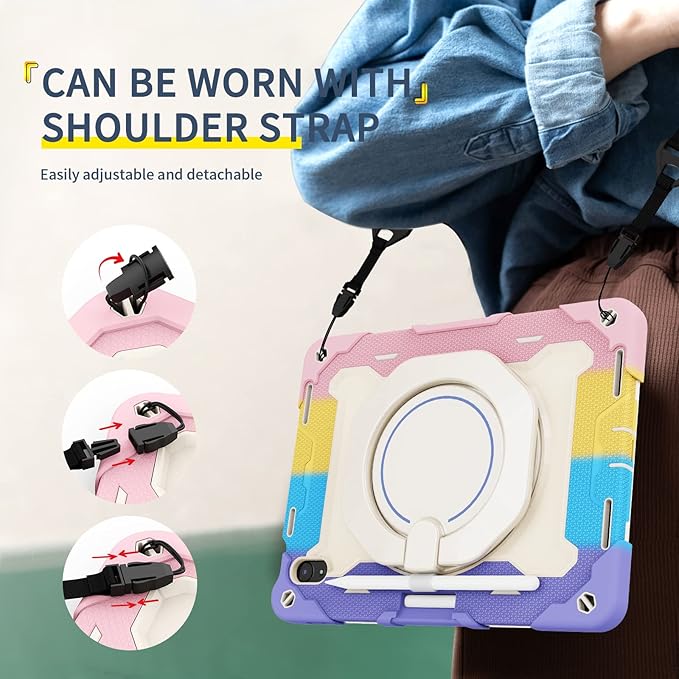 Dteck for iPad A16/10th Generation 2022 Heavy Duty Shockproof Rugged Protective Rotating Stand Case with Pencil Holder Handle Grip Rainbow Red