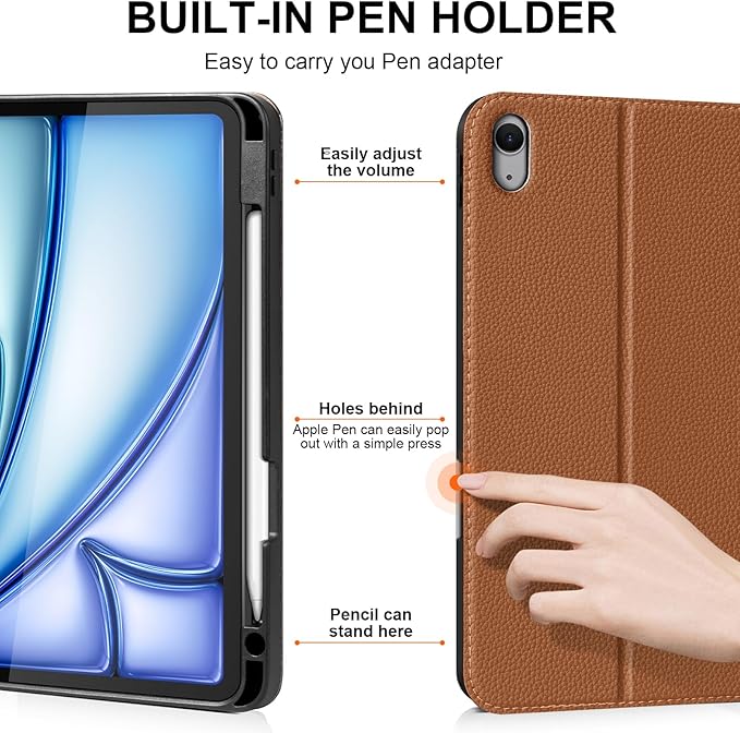 Leather Case for iPad Air 11 M4/M3/M2 (2026/2025/2024) &amp 10.9 5th/4th Gen (2020/2022) | with Pencil Holder | Auto Wake/Sleep | Protective Shockproof Cover | Adjustable Stand | Brown