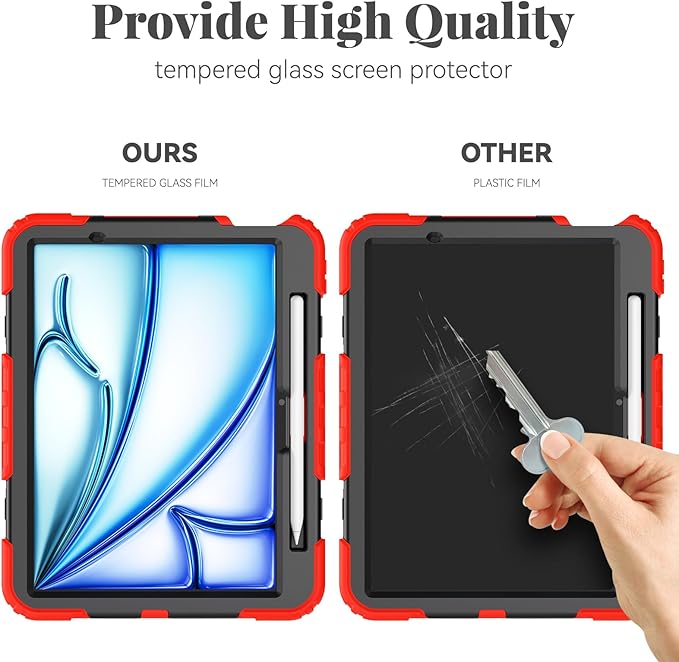 BLOSOMEET Construction Case for iPad Air 11 Inch 2025 M3 &amp 2024 M2 with Tempered Glass Screen Protector &amp Shoulder StrapProtective Cover with Stand Pencil Holder Hand Strap (Red)