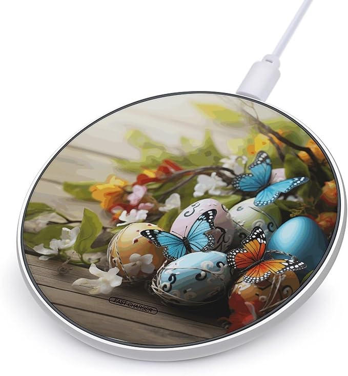 Easter Eggs with Butterfly Wireless Charger Fast Wireless Charging Pad with USB Cable 10W Anti-Slip Magnetic Wireless Charger Portable Slim Charger Puck Travel Charging Station