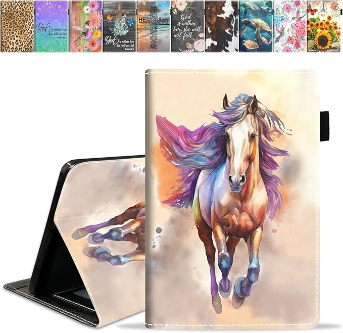 Case for All-New Kindle Fire HD 8/Fire HD 8 Plus Tablet (12th/10th Generation 2022/2020 Release) - PU Leather Stand Flip Cover with Card Slot &amp Pencil Holder Watercolor Horse Painting Art