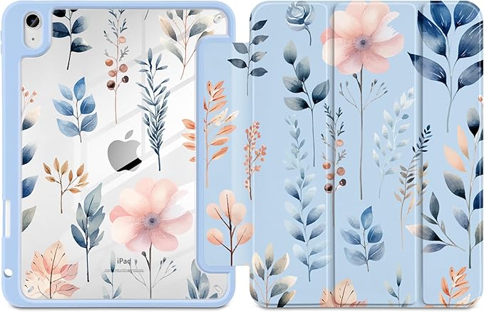Case for iPad (A16) 11th Generation 11 inch 2025 /iPad 10th Gen 10.9 2022- Cute Patterns Blue Cover with Clear Back Shell Auto Wake Sleep Trifold Stand &amp Pencil Holder Hand-Drawn Leaves