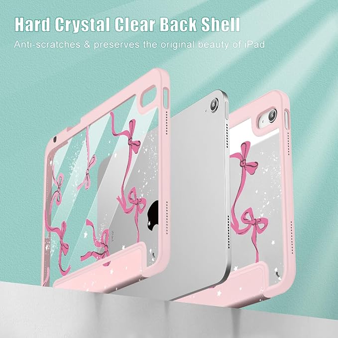 Tuiklol Case for iPad 11 inch (A16 Chip) 2025 Generation 11th / iPad 10.9 inch 2022 10th Gen Buit in Pencil Holder with Shockproof Cover Clear Transparent Back Shell Auto Wake/Sleep Bow-Pink