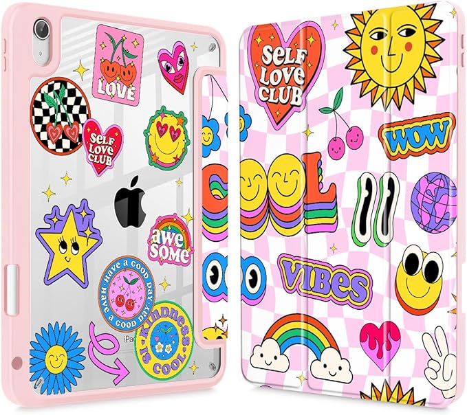 May Chen Case for iPad Air 13 Inch M4 2026 M3 2025 M2 2024 [Built-in Pencil Holder] Shockproof Cover with Clear Transparent Back Shell Auto Sleep/Wake Cover Groovy
