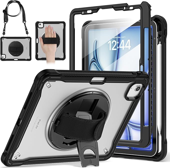 BRAECNstock Case for iPad Air 11-inch M4 2026/ M3 2025/ M2 2024 and Air 5th/4th Gen 10.9‘’ &amp Pro 11-inch 1st-4th 2018-2022 Kids Cover with Pencil HolderScreen ProtectorHandle Stand-Black