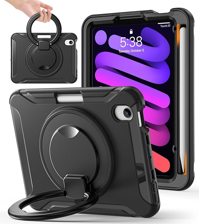 BATYUE Shockproof Case for iPad mini 7 (A17 Pro)/ Mini 6 8.3 inch (2024/2021) - 360° Multi-Angle Stand (Portrait &amp Landscape) &amp Grip Built-in Pencil Holder Black