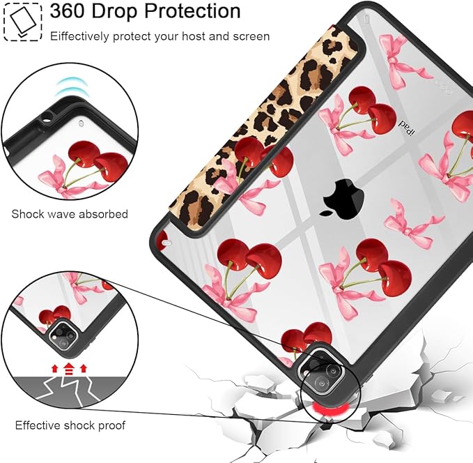 May Chen for iPad Pro 11 inch M2 4th Generation 2022 iPad Pro 11 3rd/2nd/1st Gen Built-in Pencil Holder with Shockproof Cover Clear Transparent Back Shell Auto Wake/Sleep Cherry &amp Cheetah
