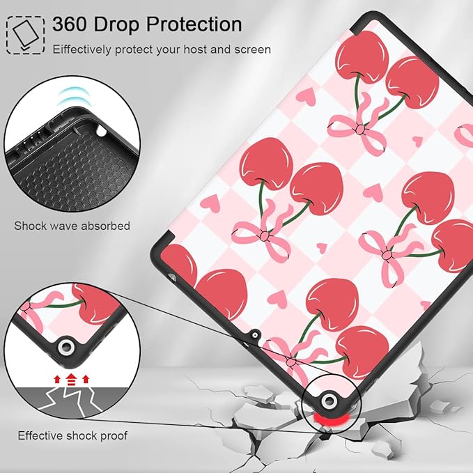 Mektron Designed Printed iPad 10.2 Case 9th Gen (2021)/ 8th Gen (2020)/ 7th Gen (2019) with Pencil Holder Slim Stand Protective Case with Soft TPU Back for iPad 10.2 Inch Cherries Bows C353