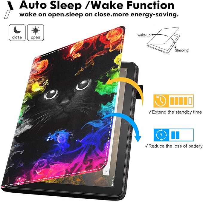 Case for Amazon Kindle Fire HD 10 Tablet 10.1 (9th/7th Generation 2019/2017 Release) Premium PU Leather Stand Cover with Smart Auto Wake Cute Black Cat Face