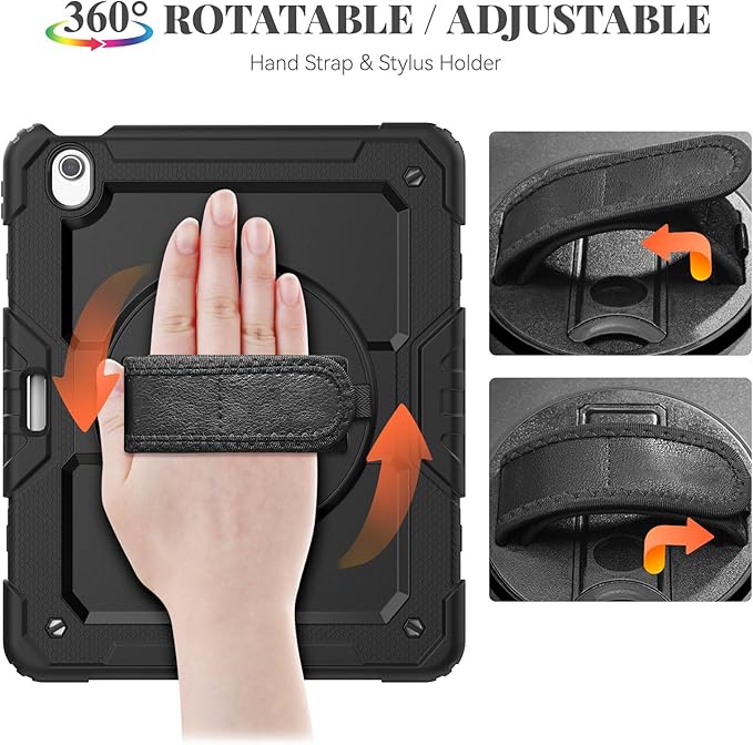 BLOSOMEET Protective Case for iPad Air 13 Inch M3 2025 &amp M2 2024 with Tempered Glass Screen Protector &amp Pencil HolderRugged Construction iPad Air 13 Cover with Stand Hand Shoulder Strap (Blac