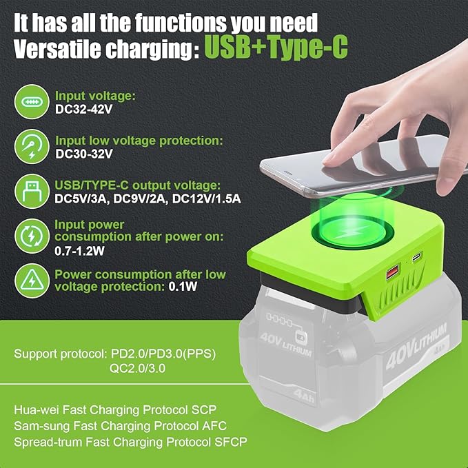 Wireless Charger Adapter for Ryobi 40V Battery OP4030 OP40401 15W Max Wireless Charging with USB &amp Type C Ports Tool Battery to Phone Charger for Camping Workshop