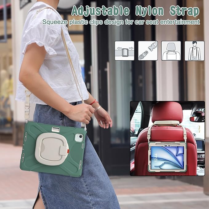 SCSVPN Case for iPad Air 11 Inch M4 2026/M3 2025/M2 2024 iPad Air 10.9'' 5th/4th Gen 2022 2020 iPad Pro 11 4th/3rd/2nd/1st Gen Protective Case with Pen Holder Stand Shoulder Strap Emerald Green
