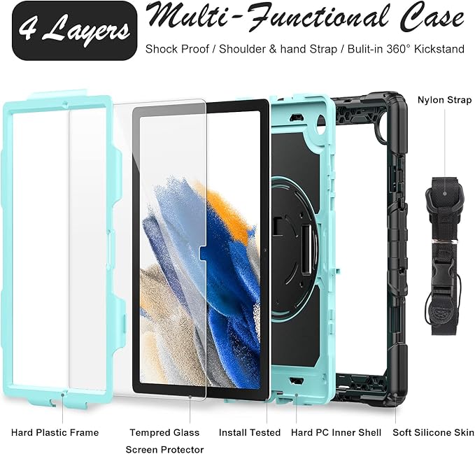Case for Samsung Galaxy Tab A8 5G Tablet Case 10.5 inch [with Tempered Glass Screen Protector] Rotatable Kickstand S Pen Holder Hand/Shoulder Strap (SkyBlue)