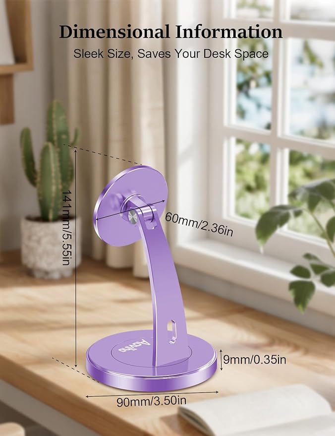 Magnetic Phone Stand for Desk – 360° Rotating Aluminum Phone Holder Stable Desk Stand for Office Home &amp Kitchen Compatible with iPhone 17 Pro Max 16–12 Series and MagSafe Cases Purple