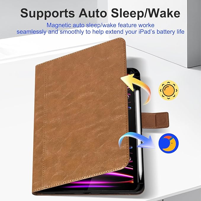Case for iPad Pro 11 Inch4th/3rd/2nd/1st Generation(2022/2021/2020/2018) Genuine Leather Cover with Pencil HolderCowhide Folio CoverAuto Sleep/Wake Magnetic ClosureBrown