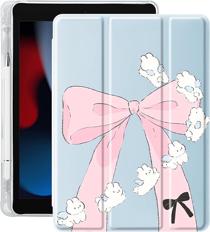 Idocolors Case for iPad 11 inch (A16 Chip) 2025 Generation 11th / iPad 10.9 inch 2022 10th Gen Built-in Pencil Holder with Soft TPU Shockproof Back Shell Auto Wake/Sleep Bunny Bow-Blue